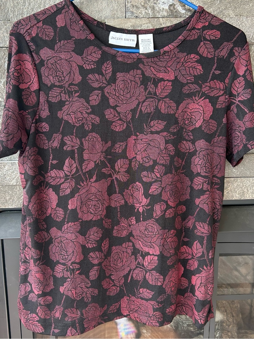 Jaclyn Smith Short-Sleeve Top with Shimmer Rose Print
